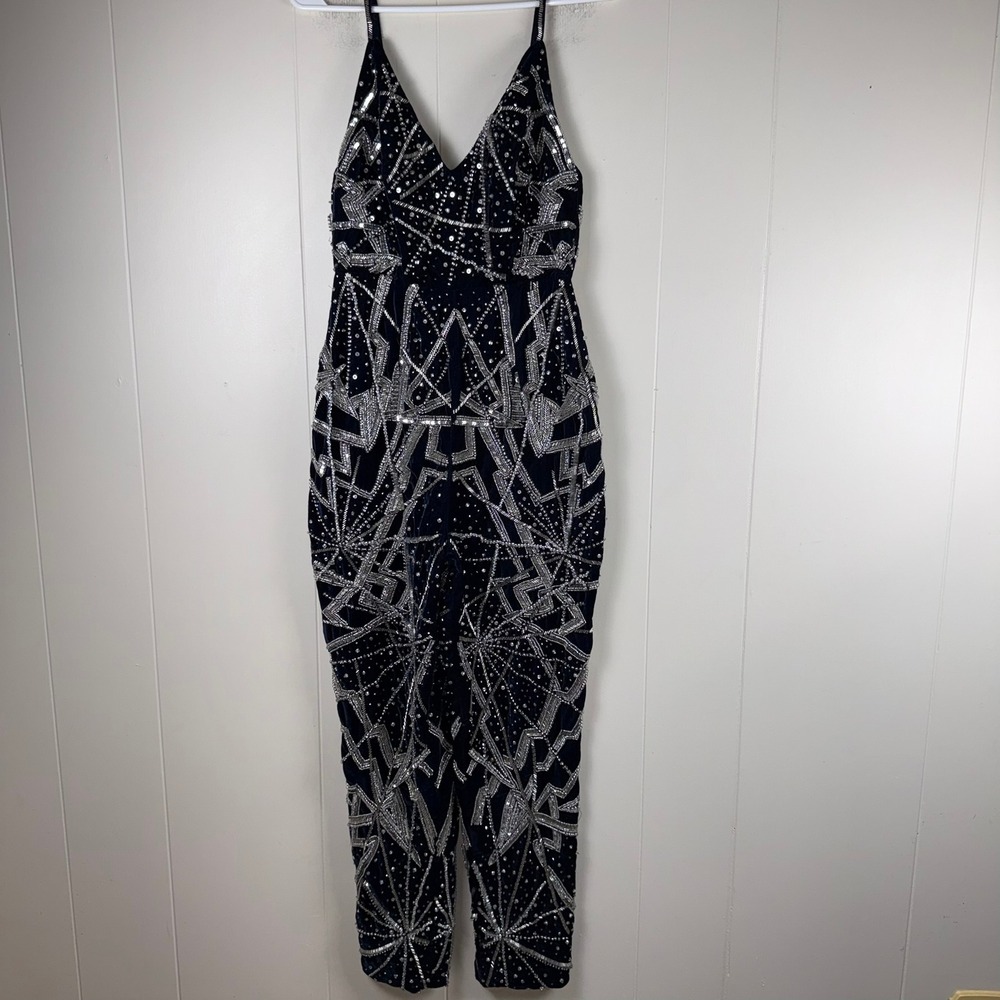 ASOS Navy Blue Velvet Sequin Geometric Print Spaghetti Strap Jumpsuit - Picture 2 of 16